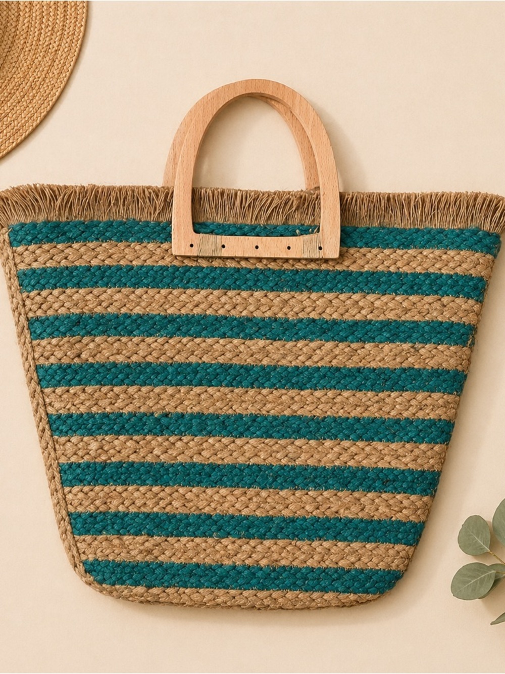 ANTIK KRAFT Hashree Wicker Jute Blue Stripes Tote Bag Wooden Handles Beach Bag - Picture 3 of 16